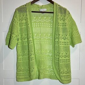 Christopher & Banks Size M Green Crochet Open Front Knit Cardigan Sweater Spring